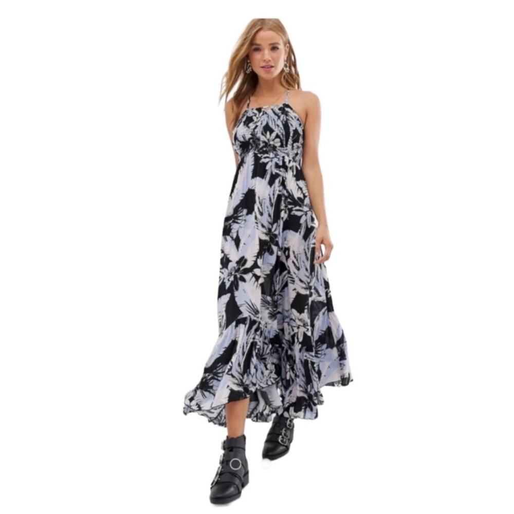Free People Black Floral Smocked High Neck Maxi Dress Small Bohemian Vacation